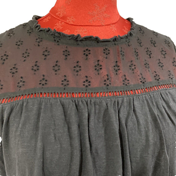 Fat Face Sheer Black Long Sleeve Peasant Blouse Casual Top Size 10 Eyelet Lace - Picture 1 of 11